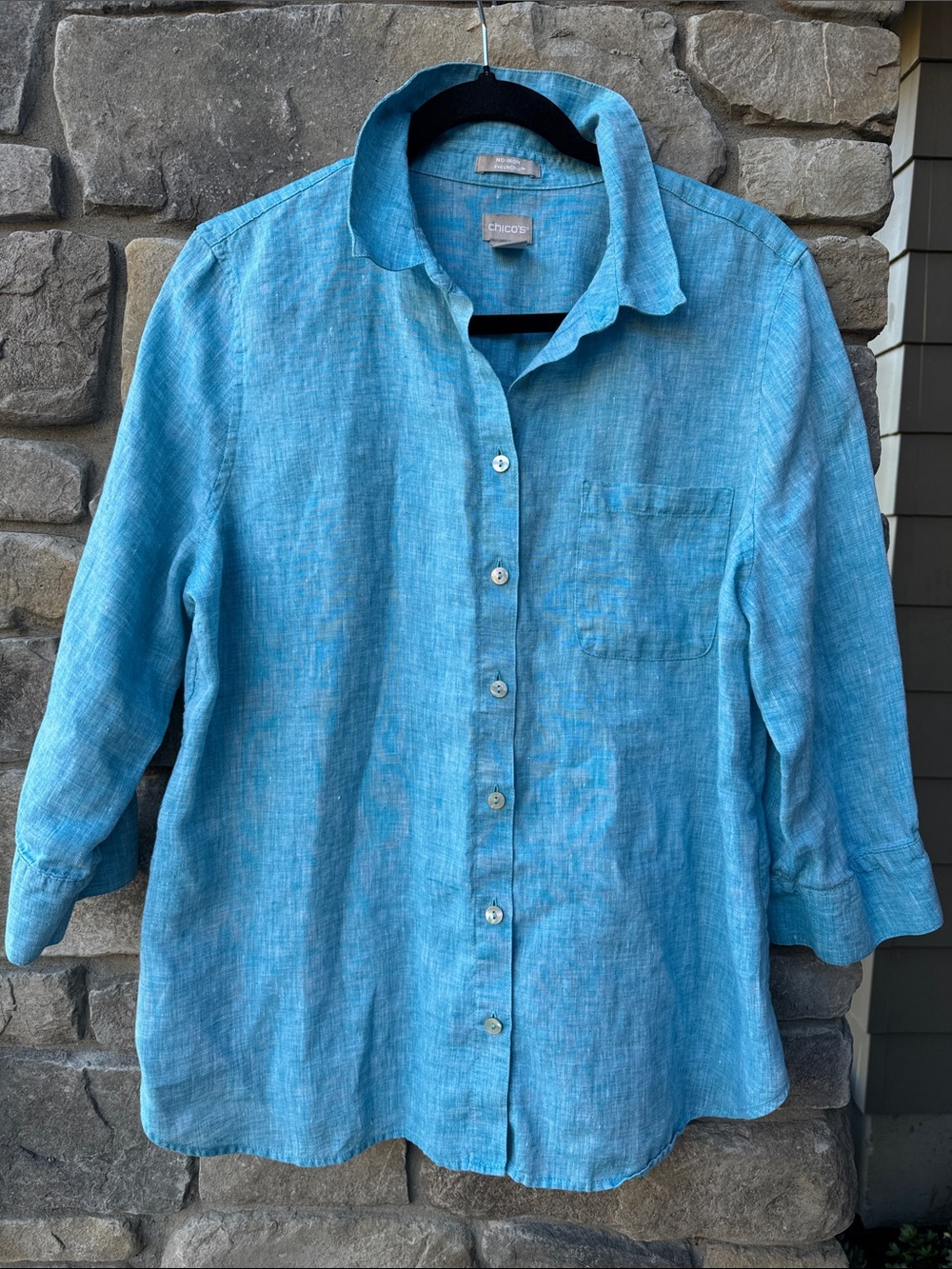 Chicos 100% Linen Button Down blouse top Womens 2 sea blue No Iron Beach coastal